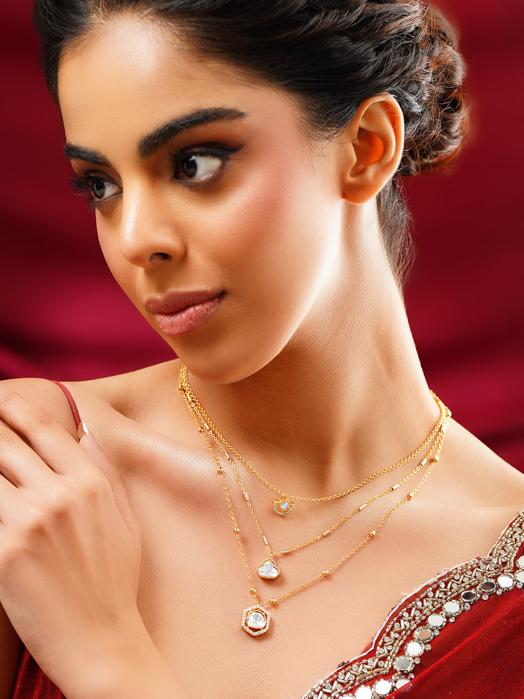 【Rubans】 Gold Plated Layered Kundan Necklace｜ゴールドメッキ レイヤード クンダン ネックレス