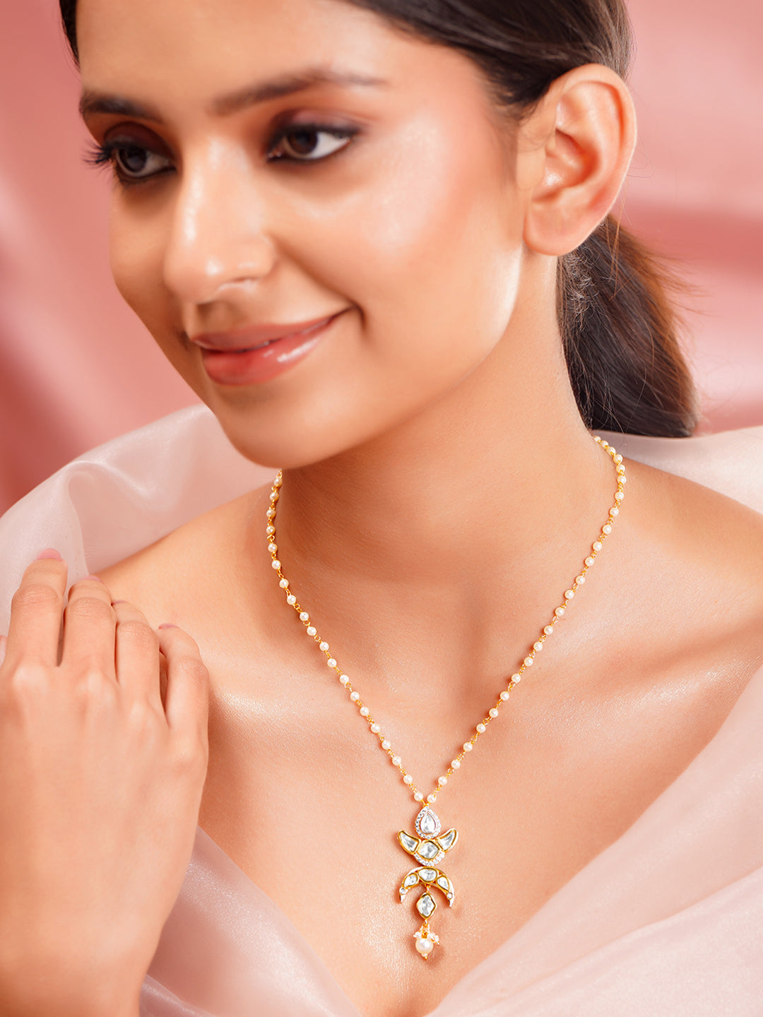 【Rubans】 Gold Plated Moon Motif Kundan Necklace｜ゴールドメッキ ムーンモチーフ クンダン ネックレス