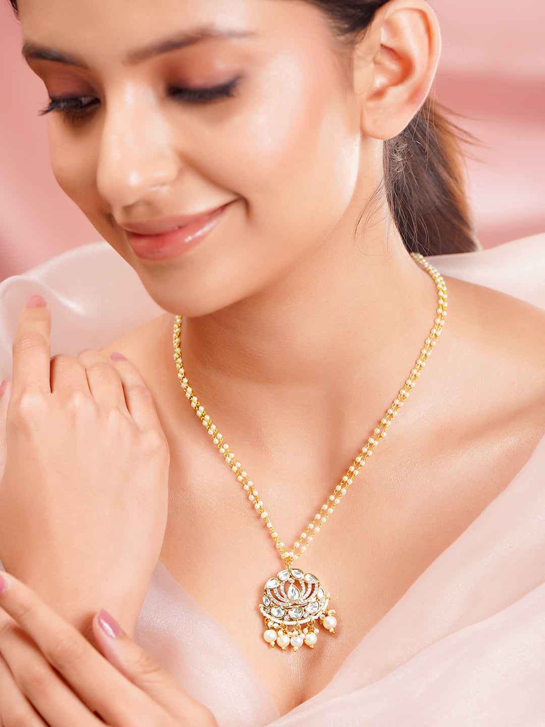【Rubans】 Gold Plated Kundan Pearl Beaded Drop Necklace｜ゴールドメッキ クンダン パールビーズ ドロップ ネックレス