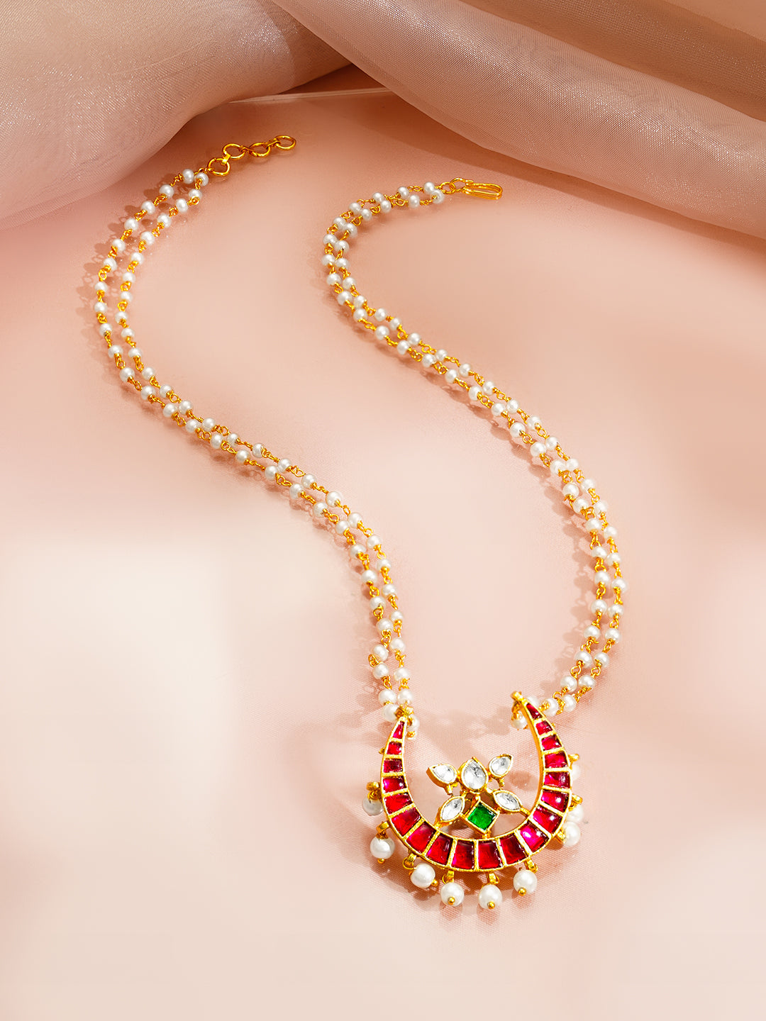 【Rubans】 Gold Plated Moon Design Pearl Beaded Kundan Ruby Pendant｜ゴールドメッキ ムーンデザイン パールビーズ クンダン ルビーカラー ペンダント