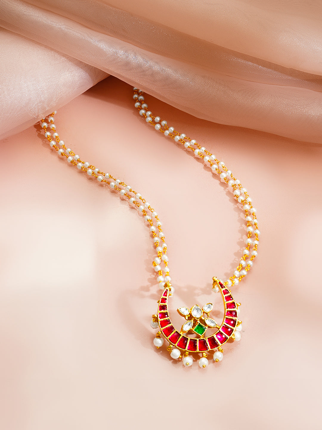 【Rubans】 Gold Plated Moon Design Pearl Beaded Kundan Ruby Pendant｜ゴールドメッキ ムーンデザイン パールビーズ クンダン ルビーカラー ペンダント