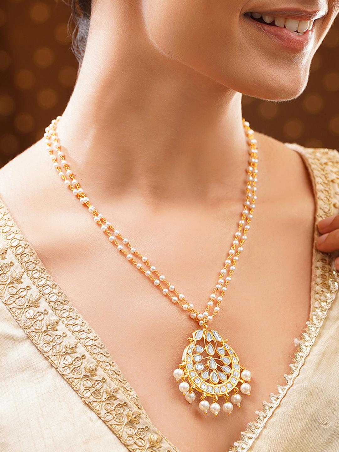 【Rubans】 Gold Plated Blossom Kundan Pearl Drape Pendant Necklace｜ゴールドメッキ ブロッサム クンダン パールドレープ ペンダントネックレス