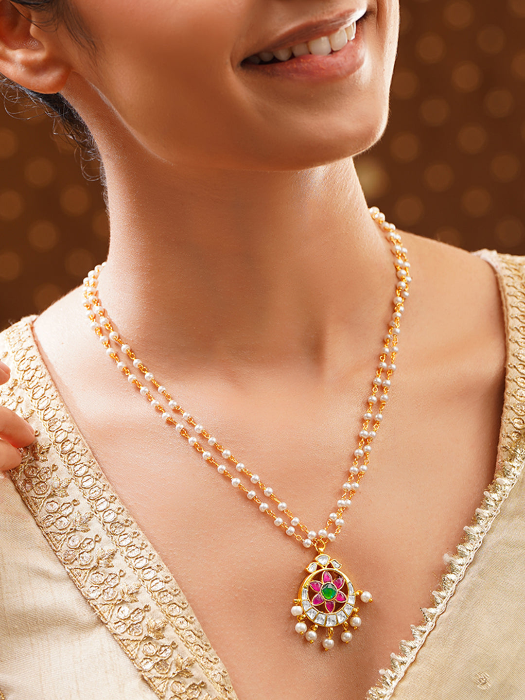【Rubans】 Gold Plated Moon Design Floral Pearl Beaded Kundan Pendant｜ゴールドメッキ ムーンデザイン フローラル パールビーズ クンダン ペンダント