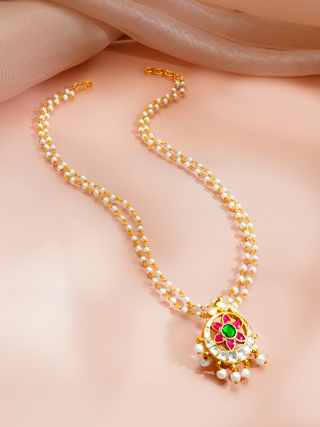 【Rubans】 Gold Plated Moon Design Floral Pearl Beaded Kundan Pendant｜ゴールドメッキ ムーンデザイン フローラル パールビーズ クンダン ペンダント