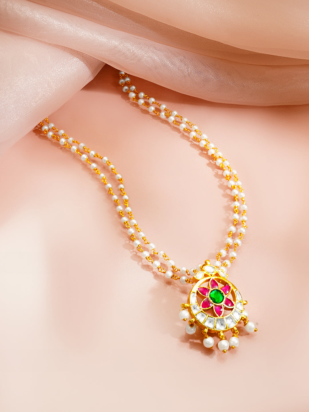 【Rubans】 Gold Plated Moon Design Floral Pearl Beaded Kundan Pendant｜ゴールドメッキ ムーンデザイン フローラル パールビーズ クンダン ペンダント