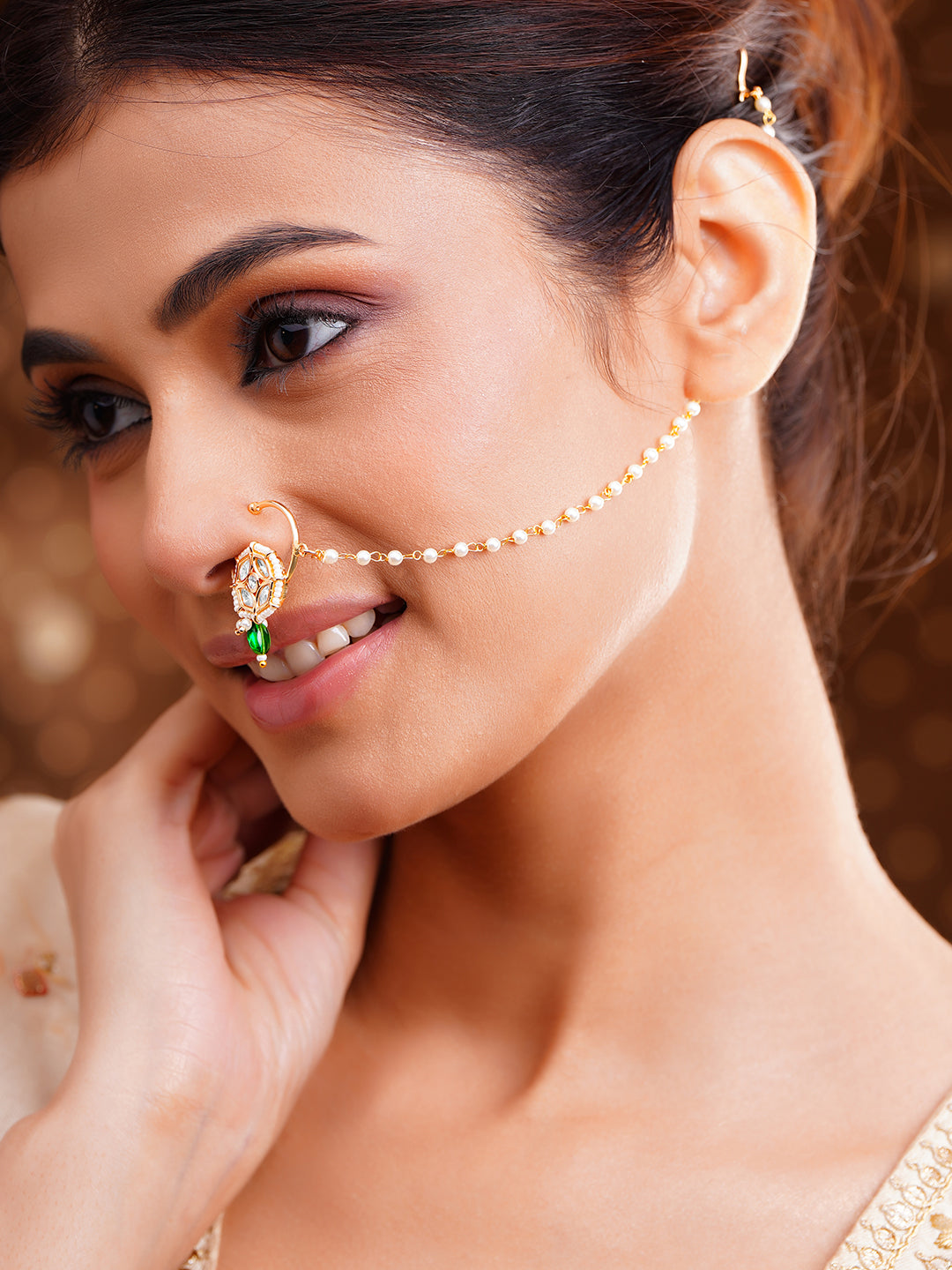 Gold Kundan Pearl Bridal Nath フリーサイズ