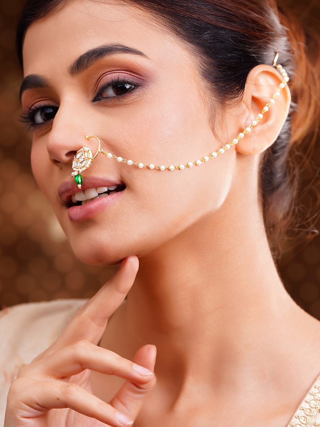 Gold Kundan Pearl Bridal Nath フリーサイズ
