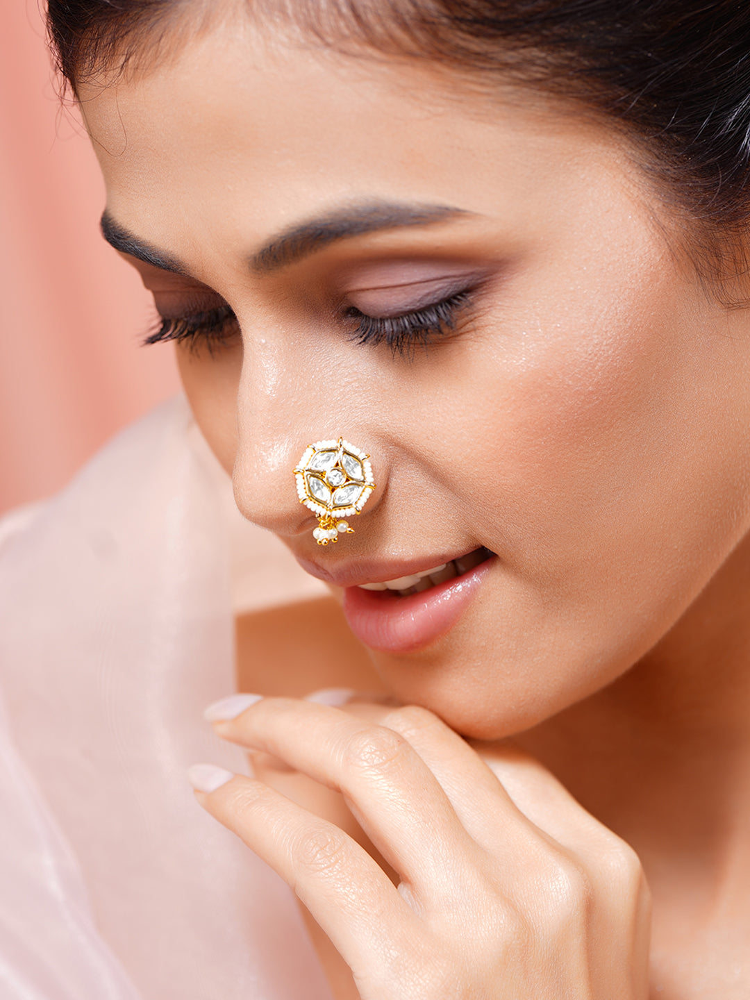 Kundan Pearl Floral Adjustable Nose Pin フリーサイズ