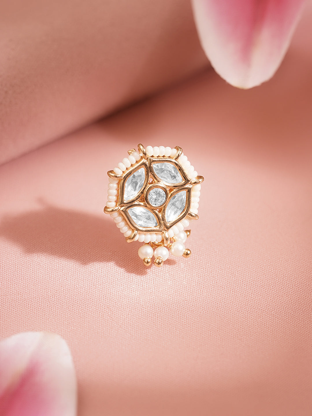 Kundan Pearl Floral Adjustable Nose Pin フリーサイズ