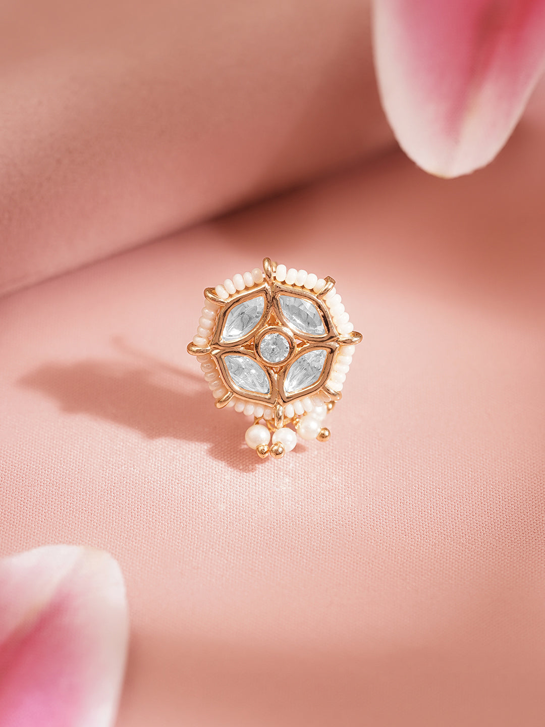 Kundan Pearl Floral Adjustable Nose Pin フリーサイズ