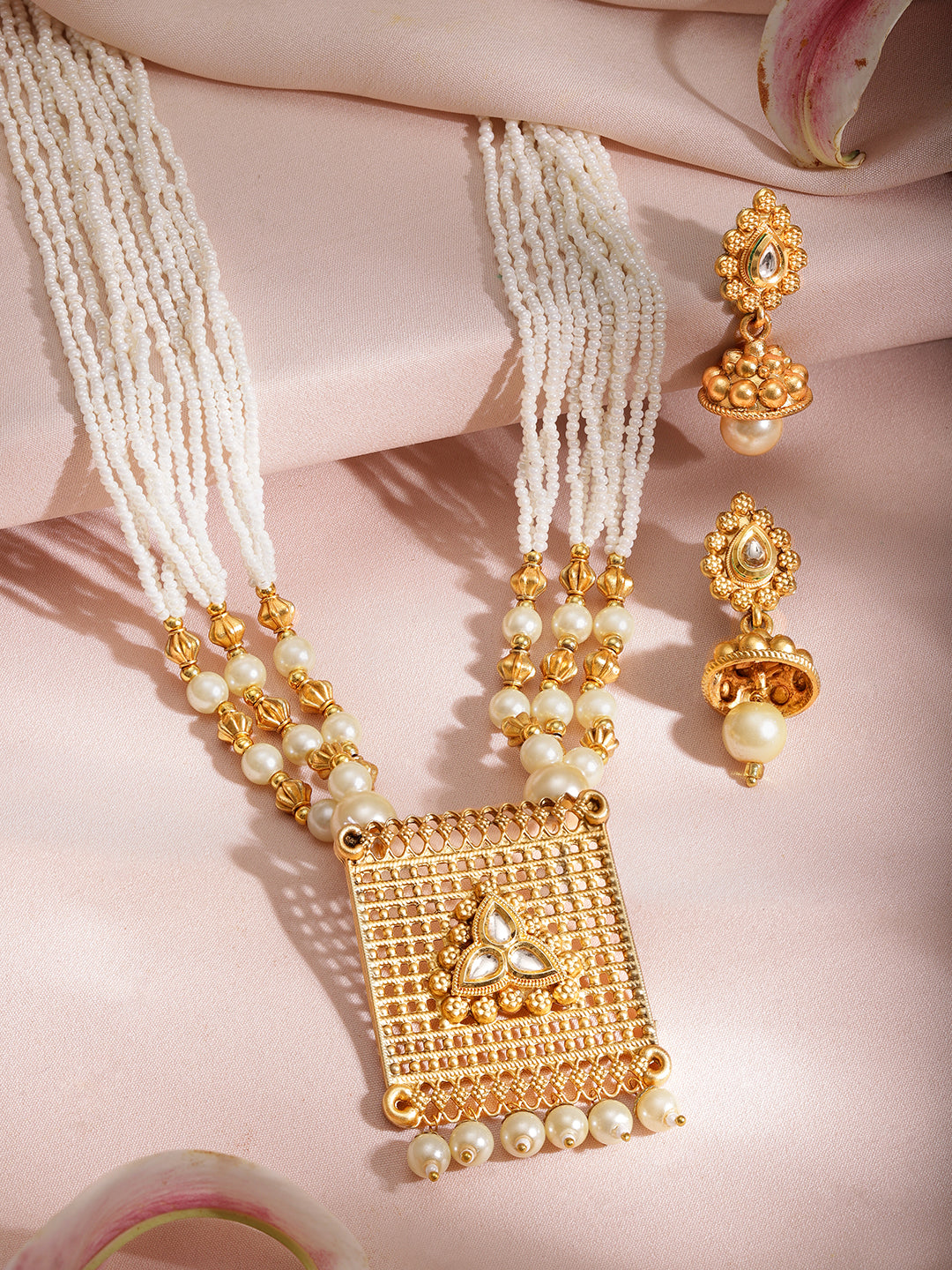 Rubans Gold Plated Pearl Statement Necklace Set Gold