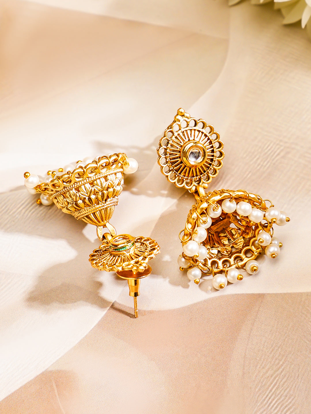 Rubans 22K Gold-Plated Pendant Jewellery Set with Golden & Pearl Beads and Ruby Red Stone フリーサイズ