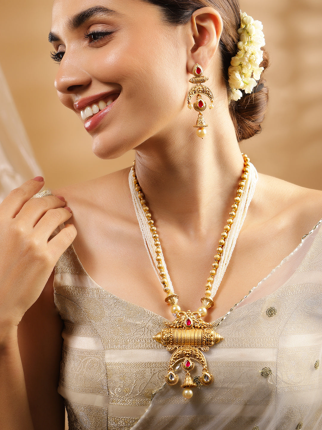 Rubans 18K Gold-Plated Red & White Stones Pearl Beads Multi-Starnd Temple Jewellery Set Gold