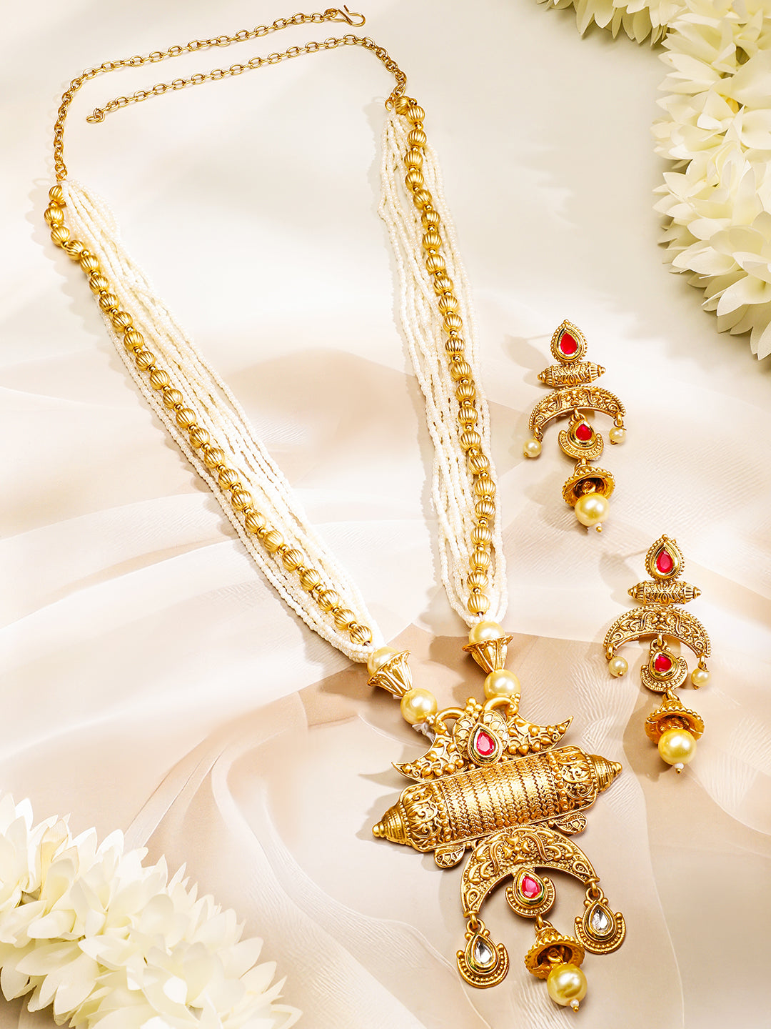 Rubans 18K Gold-Plated Red & White Stones Pearl Beads Multi-Starnd Temple Jewellery Set Gold