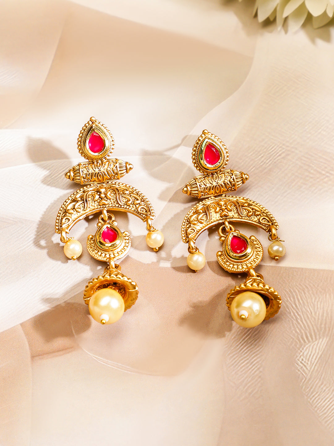 Rubans 18K Gold-Plated Red & White Stones Pearl Beads Multi-Starnd Temple Jewellery Set Gold