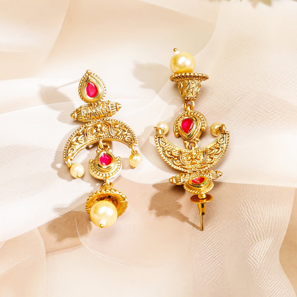 Rubans 18K Gold-Plated Red & White Stones Pearl Beads Multi-Starnd Temple Jewellery Set Gold