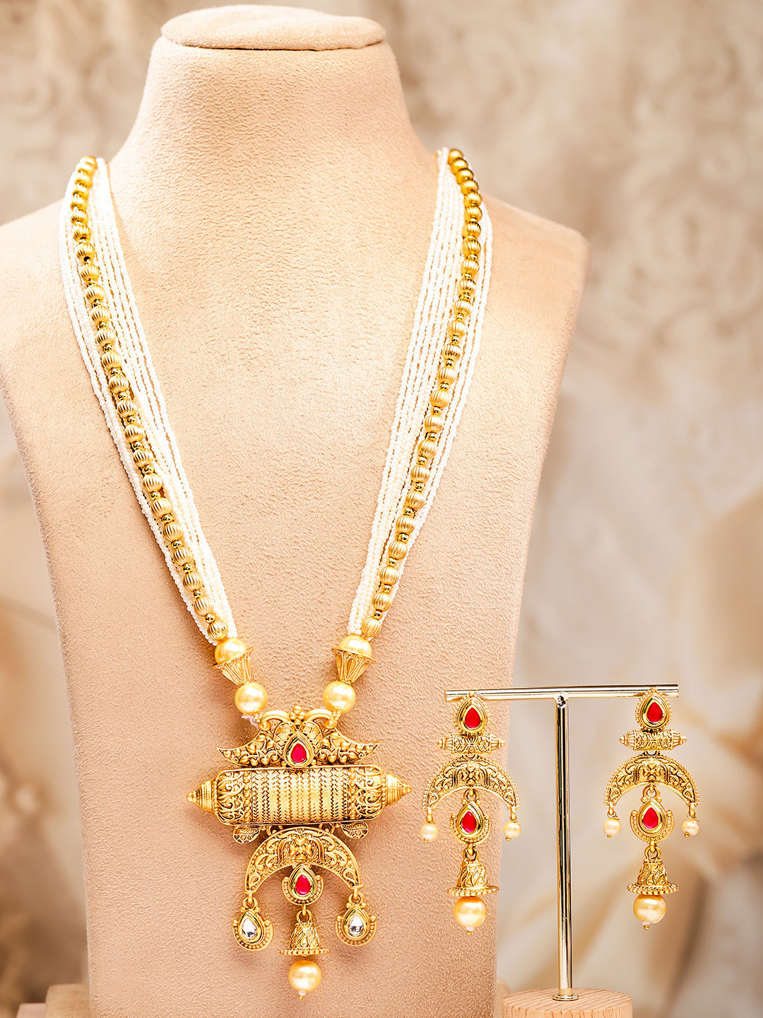 Rubans 18K Gold-Plated Red & White Stones Pearl Beads Multi-Starnd Temple Jewellery Set Gold