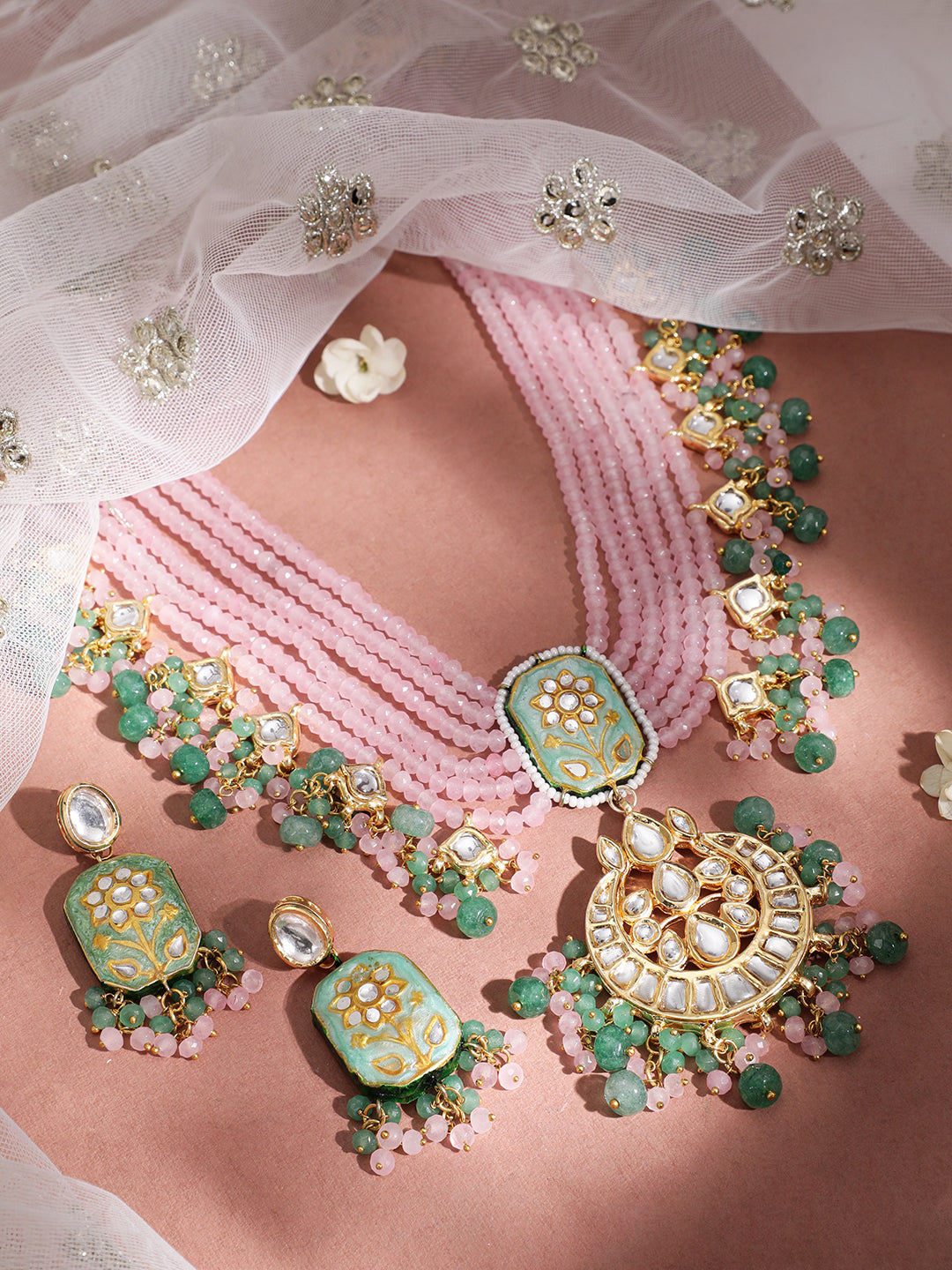 Rubans Gold Plated Handcrafted Enamel & Kundan Pink Beads Necklace Set Multicolor