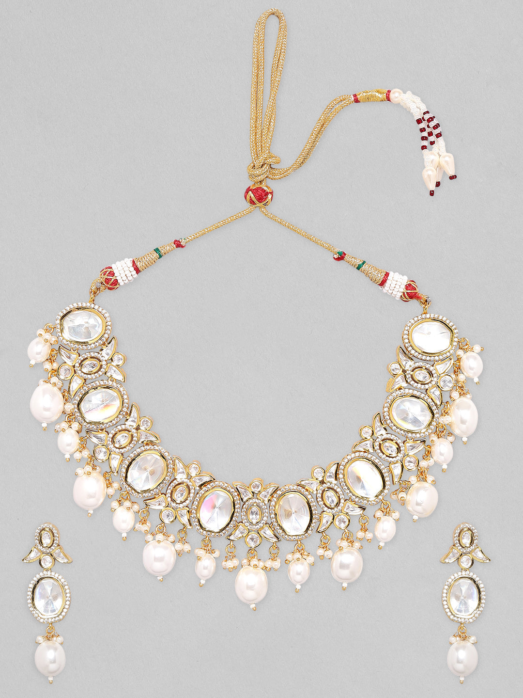 Rubans Gold Plated Polki Necklace Set with Pearl Gold