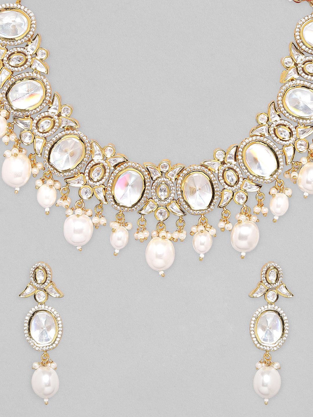 Rubans Gold Plated Polki Necklace Set with Pearl Gold
