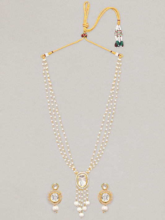 Kundan & Beads Long Necklace Set Gold