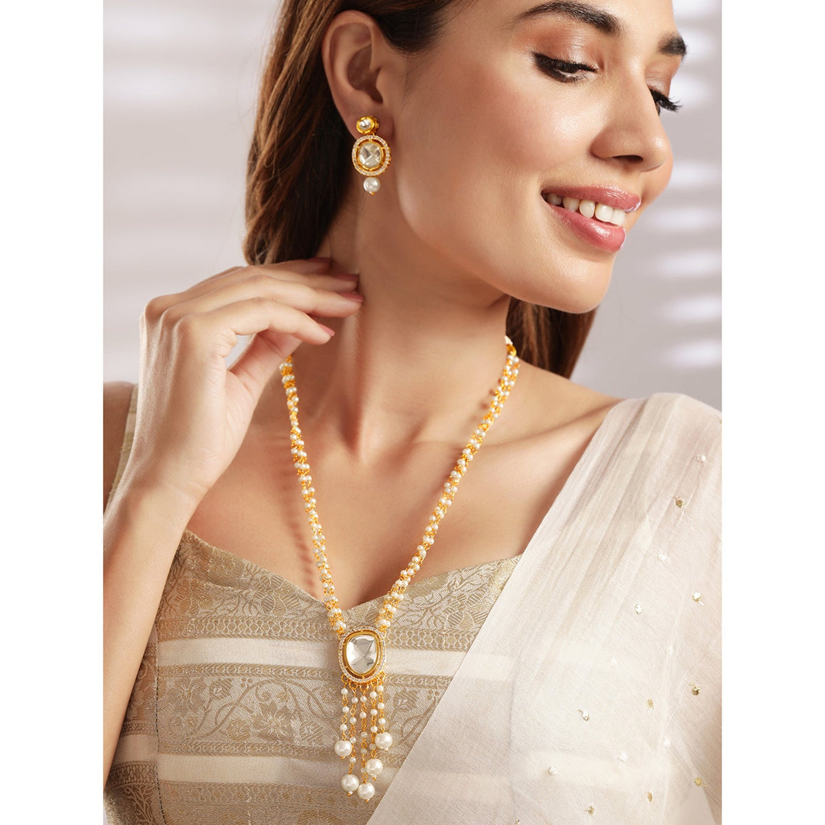 Kundan & Beads Long Necklace Set Gold