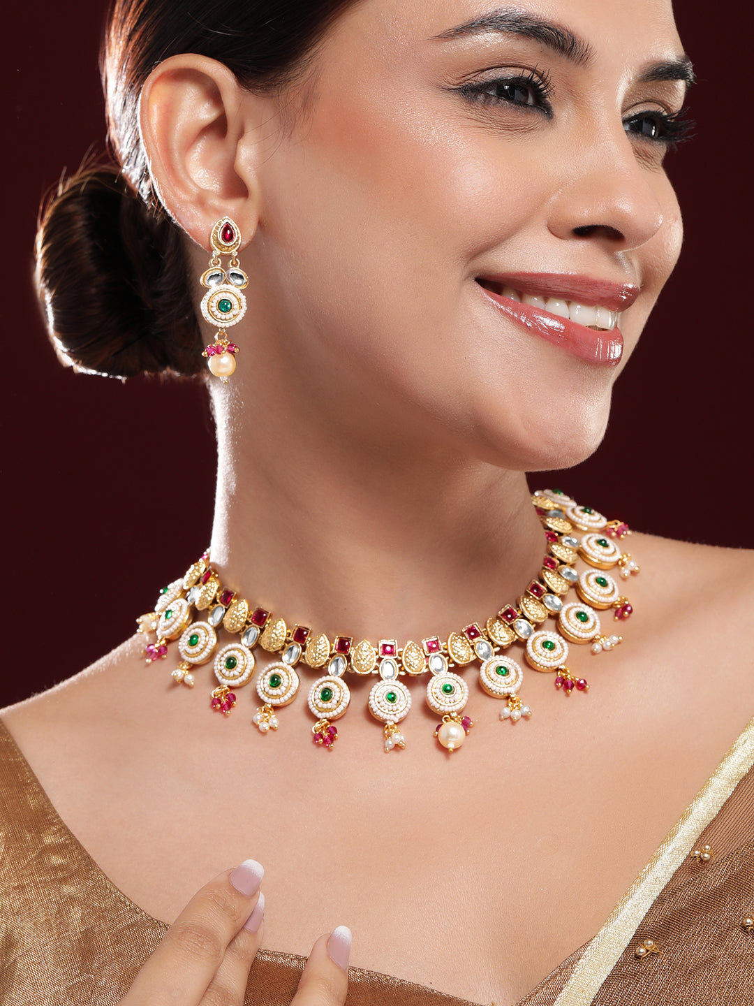 Multicolor Studded Gold Beaded Necklace Set フリーサイズ