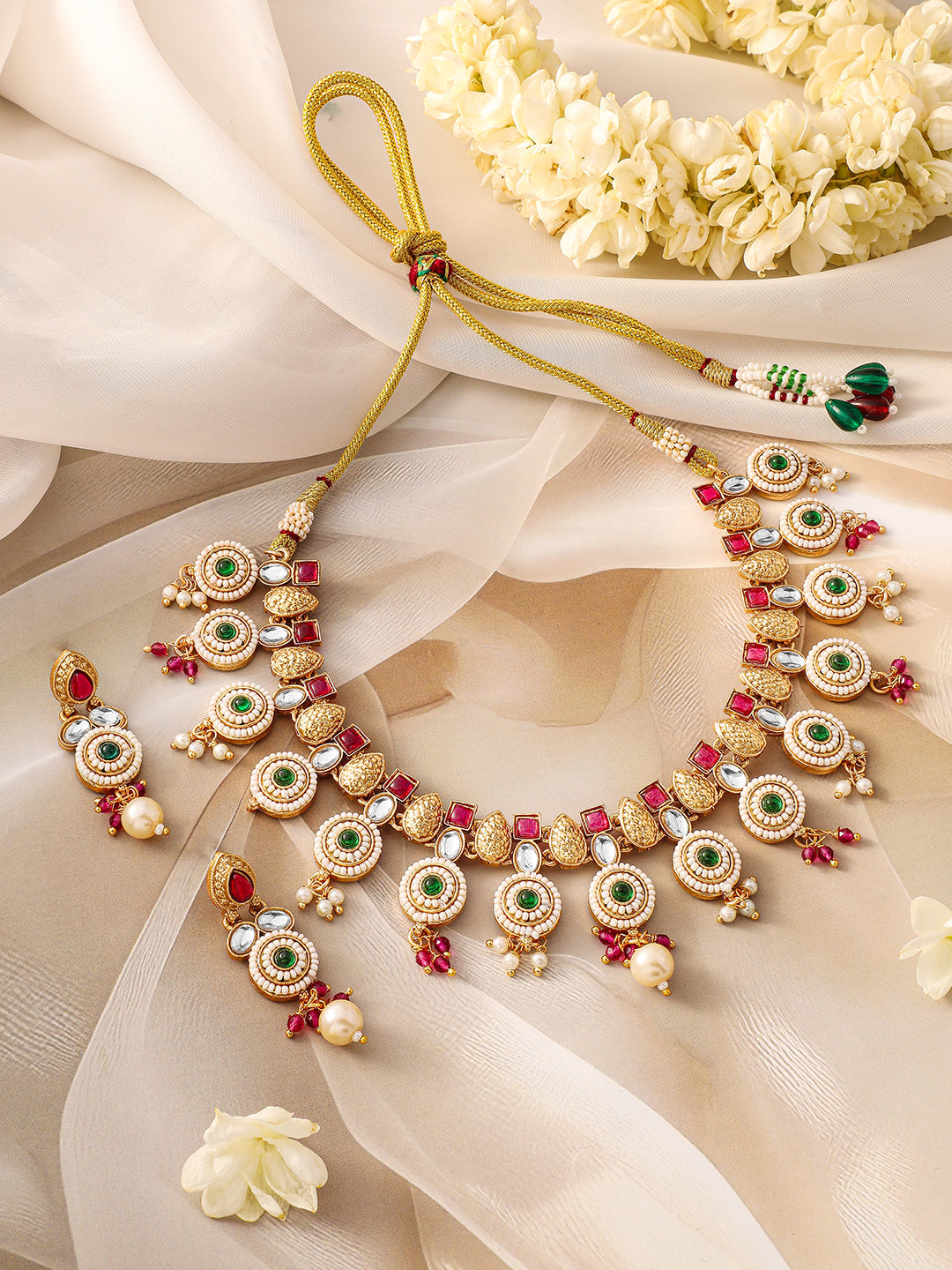 Multicolor Studded Gold Beaded Necklace Set フリーサイズ
