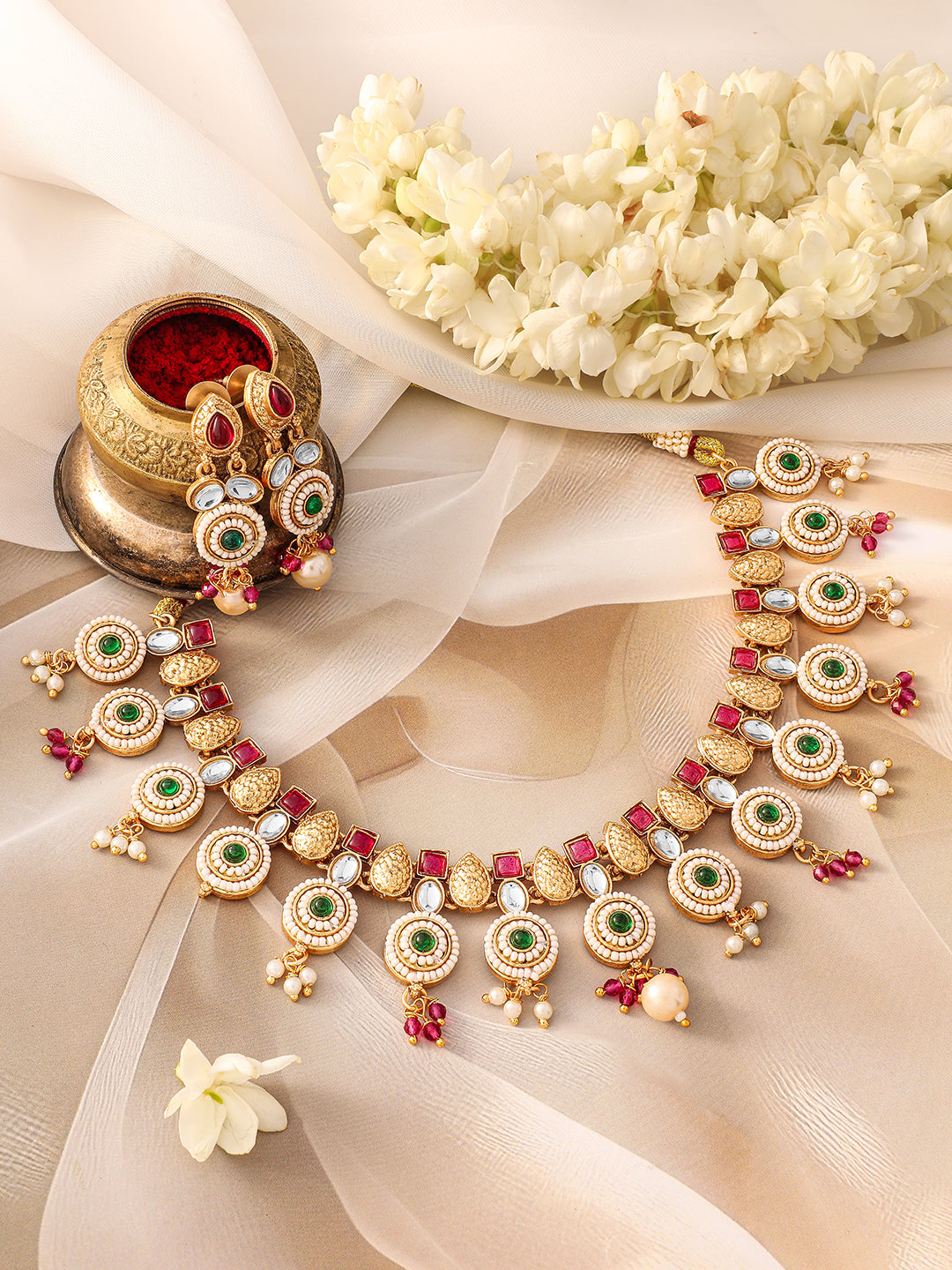 Multicolor Studded Gold Beaded Necklace Set フリーサイズ