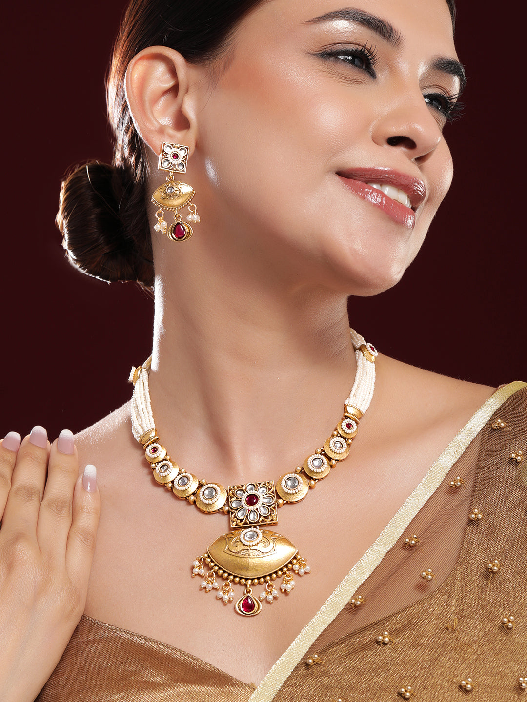 Tradition Pride with Kundan & Red Necklace Set Gold
