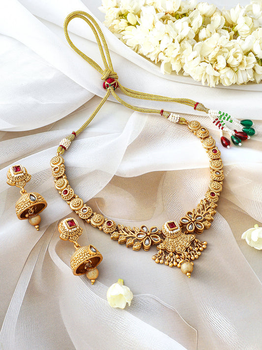 Elegant Red Gold Plated Short Necklace Set Gold