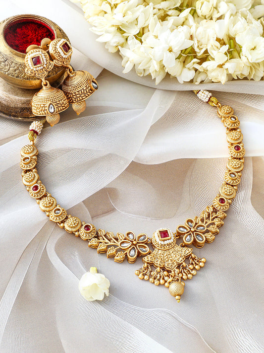 Elegant Red Gold Plated Short Necklace Set Gold