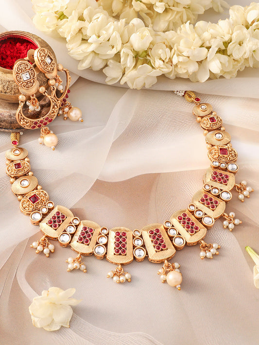 Rectangle Motif Pearl Golden Necklace Set Gold