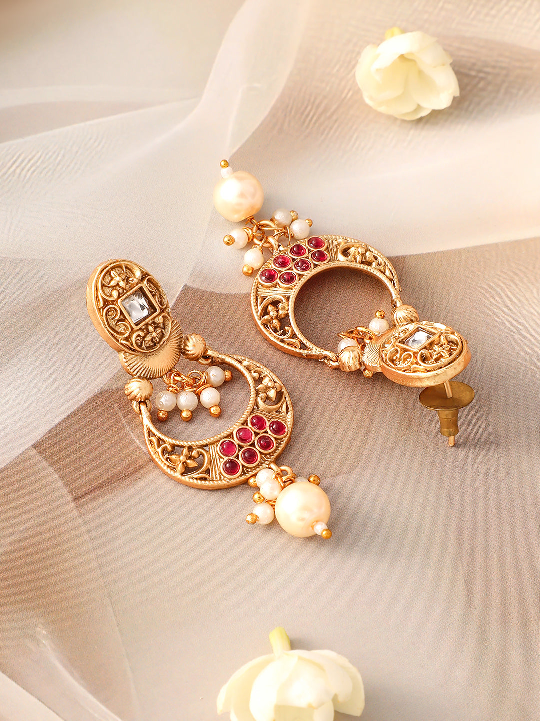 Rectangle Motif Pearl Golden Necklace Set Gold