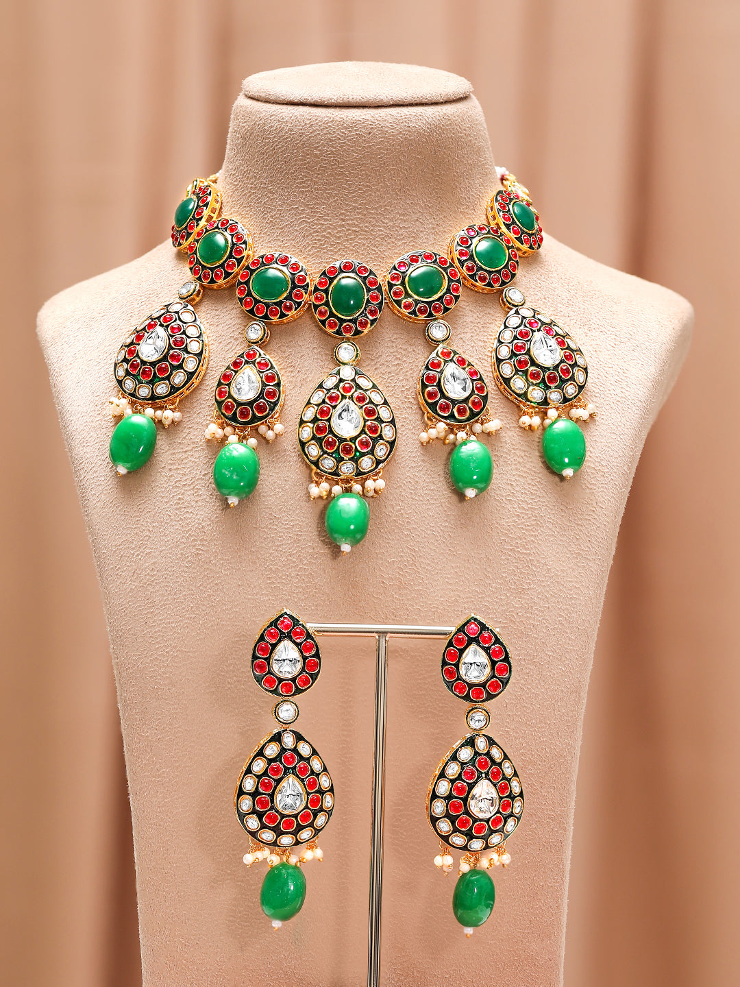 Elite Garden Pink-Green Kundan Necklace Set フリーサイズ