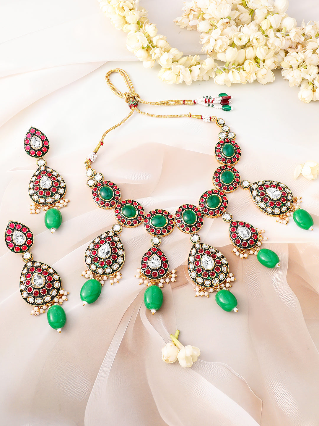 Elite Garden Pink-Green Kundan Necklace Set フリーサイズ