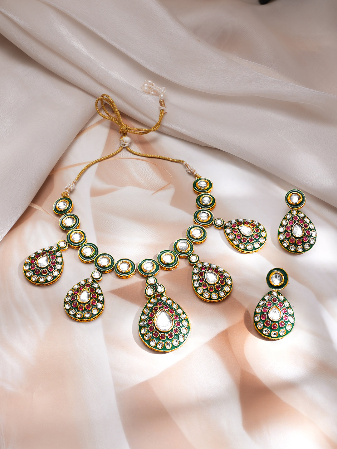【Rubans】 Artistic Red Green Kundan Necklace Set｜アーティスティック レッドグリーン クンダン ネックレスセット｜フリーサイズ