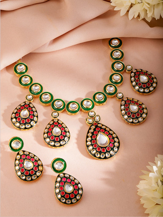 Artistic Red Green Kundan Necklace Set フリーサイズ