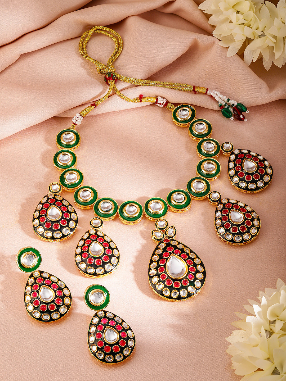 Artistic Red Green Kundan Necklace Set フリーサイズ