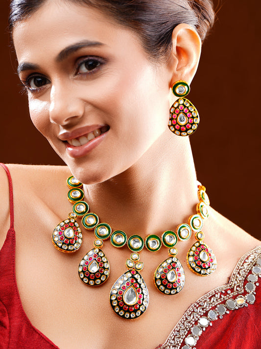 【Rubans】 Artistic Red Green Kundan Necklace Set｜アーティスティック レッドグリーン クンダン ネックレスセット｜フリーサイズ