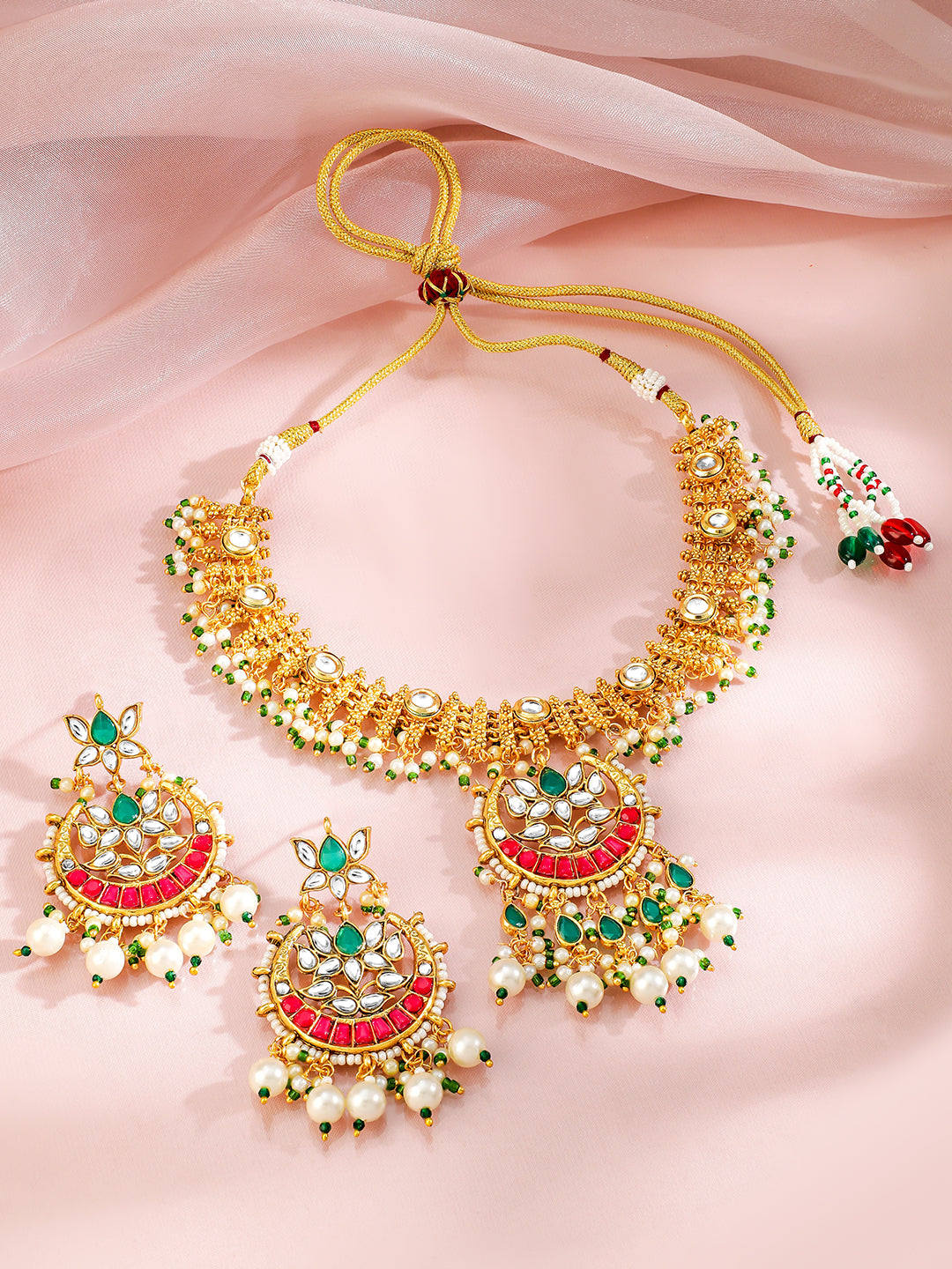 Gold-Plated Pink Green Necklace Set フリーサイズ