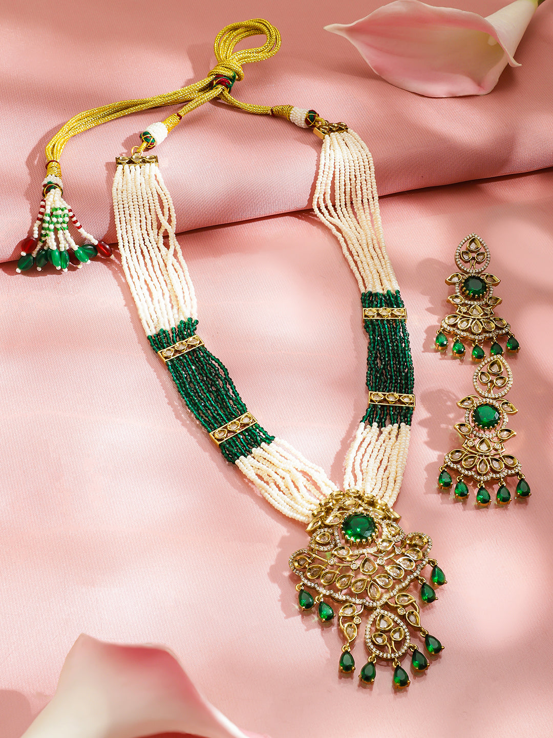 Green & White Kundan Long Gold Necklace Set フリーサイズ