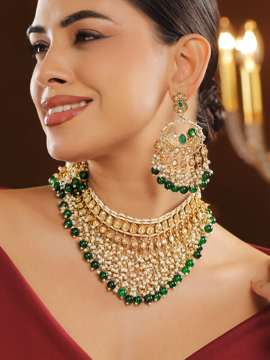 Pearl Embellished Green Beaded Kundan Choker Set フリーサイズ