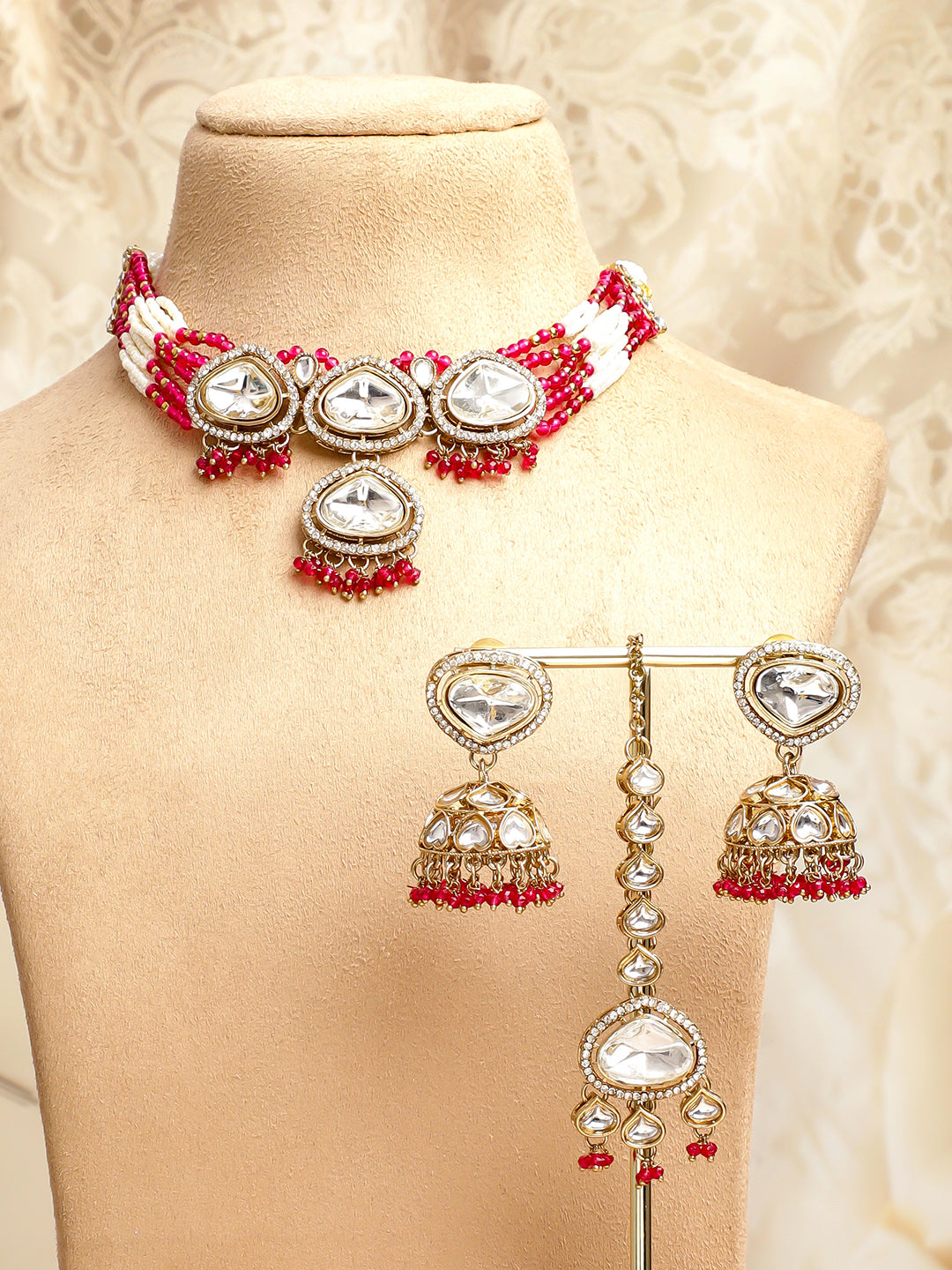 Pink & Ivory Romance Kundan Necklace Set フリーサイズ