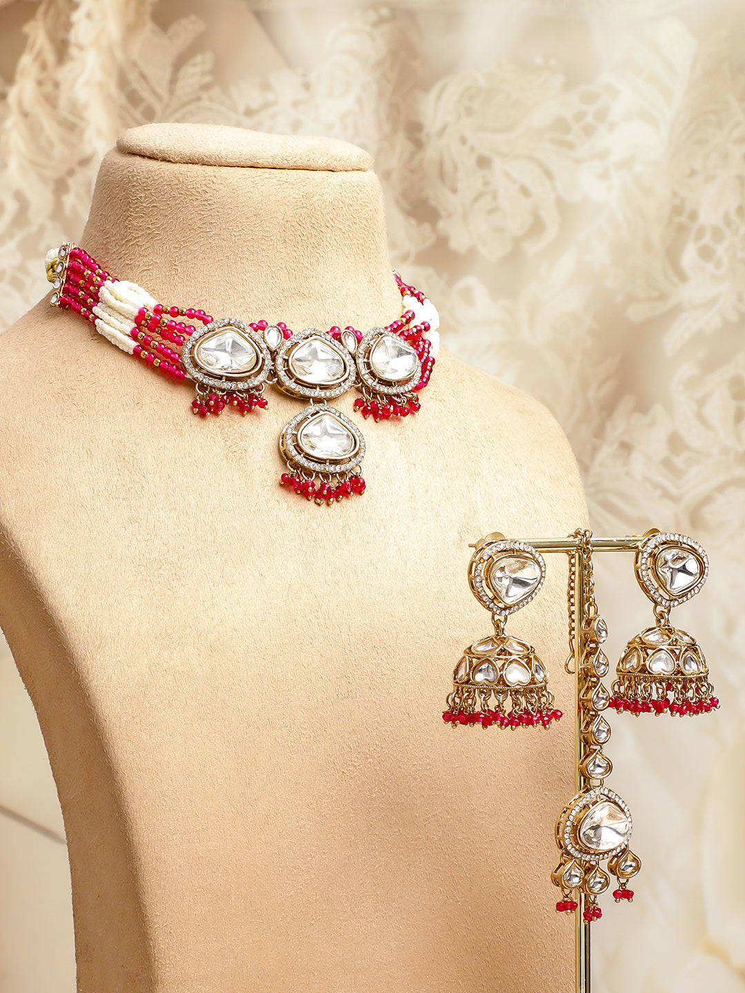 Pink & Ivory Romance Kundan Necklace Set フリーサイズ