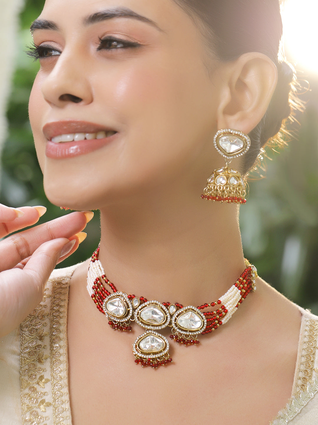 Red & Ivory Romance Kundan Necklace Set フリーサイズ