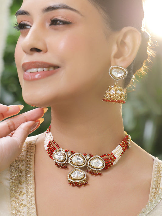 Red & Ivory Romance Kundan Necklace Set フリーサイズ
