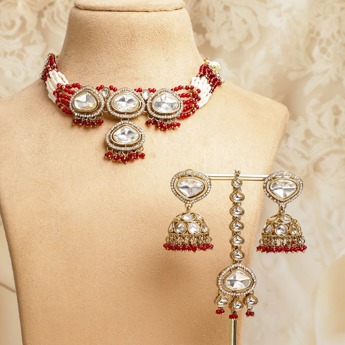 Red & Ivory Romance Kundan Necklace Set フリーサイズ