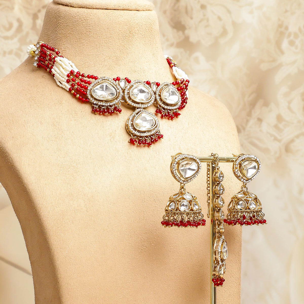 Red & Ivory Romance Kundan Necklace Set フリーサイズ