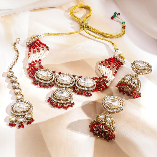 Red & Ivory Romance Kundan Necklace Set フリーサイズ